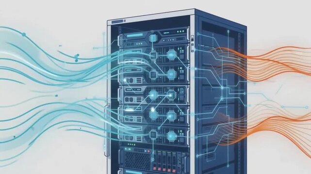 Server rack illustration with data flow lines. Network infrastructure visualization. Digital information transfer concept. Blue and orange lines. IT hardware. Technology and connection