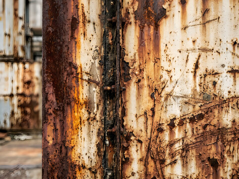 Closeup of a rusty metal wall with peeling paint and corrosion