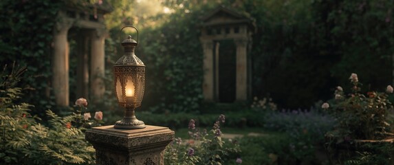 Fototapeta premium Decorative Lantern Illuminating a Lush Garden Pathway in Soft Evening Light