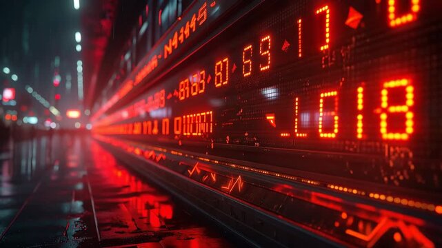 Digital Ticker of a Stock Market: An illuminated digital ticker displays fluctuating stock prices in bright red against a blurred city background at night.