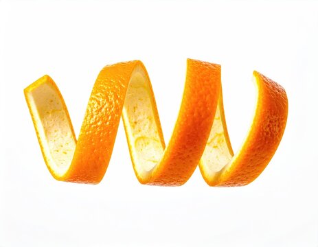 A vibrant orange peel curls gracefully in a spiral against a pure white background