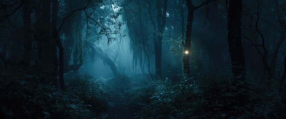 Obraz premium Mysterious Forest Pathway Illuminated by Soft Light in Foggy Atmosphere