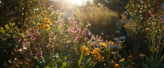 Obraz premium Vibrant Wildflowers Blooming in a Garden at Sunset with Soft Light