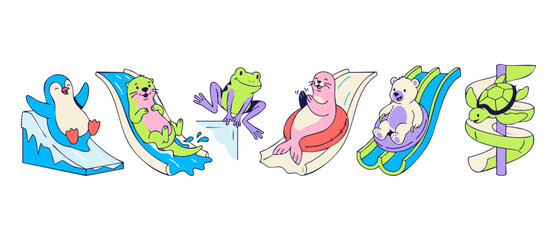 Obraz premium Cute cartoon animals sliding down water slides and ice slopes. Cute penguin, seal, otter, frog, polar bear, and sea turtle sticker set illustration. Colorful vector design on white background.