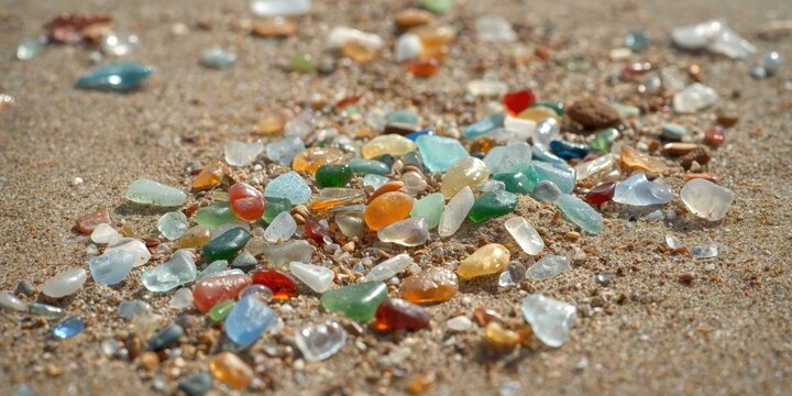 Colorful Sea Glass and Pebbles on Sandy Beach in Natural Light
