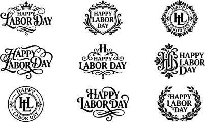 Set of vintage style happy labor day typography badges and decorative labels in black ink © Khokan