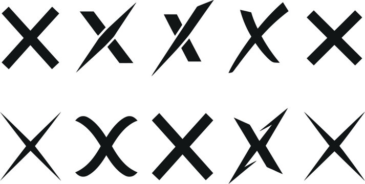 Set of ten artistic hand-drawn cross mark icons with grunge texture, rejected