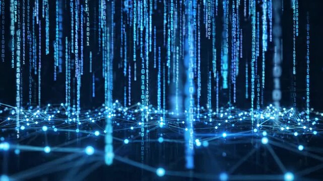 Abstract digital background with binary code rain and glowing network connection nodes