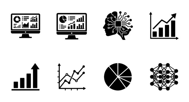 70 Data Analysis Icons Set, Business Analytics Graphics, AI Machine Learning Symbols, Financial Charts and Graphs Vector Collection 100