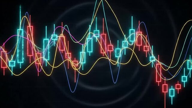 A digital visualization of glowing financial market trends on a dark background