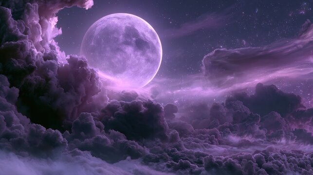 Fantasy full moon over purple clouds at night