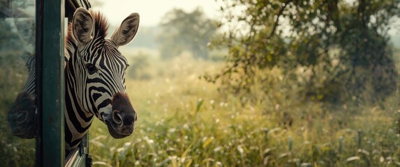 Obraz premium Zebra Peering Out of Safari Vehicle - Grassland Background, Soft Natural Light