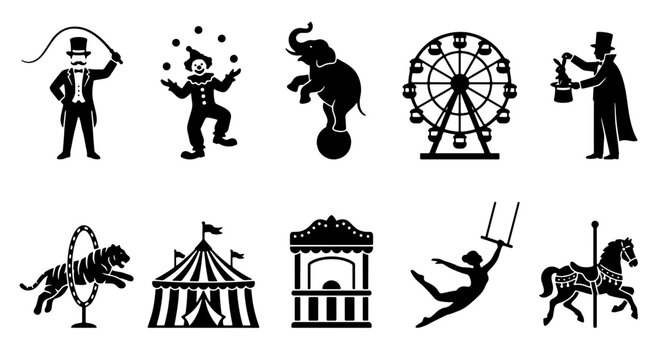 70 Circus Icons Set, Vector Graphics: Ringmaster, Clown, Elephant, Ferris Wheel, Magician, Tiger, Tent, Acrobat, Carousel Horse, Performance Elements 100