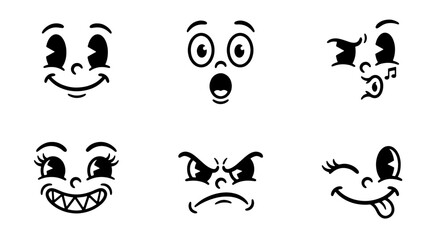 Fototapeta premium 70 Retro Cartoon Faces Vector Set, Vintage Animation Expressions, Classic Character Emoticons, Black and White Stylized Emotions 100