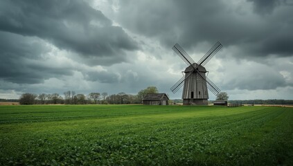 Fototapeta premium Large scale panorama of traditional wooden windmill standing in fertile green farm field under moody dramatic sky with copy space