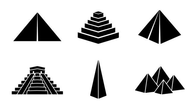 70 Geometric Pyramid Icons Set, Ancient Structures Vector Collection, Egyptian and Mayan Architecture Symbols, Simple Black Shapes for Design 100