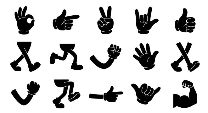 70 Cartoon Hand and Leg Gestures, Vector Icons Set: OK, Pointing, Peace, Rock On, Thumbs Up, Running Legs, Fist, Open Palm, Crossed Legs, Biceps Flex, Shaka Sign
