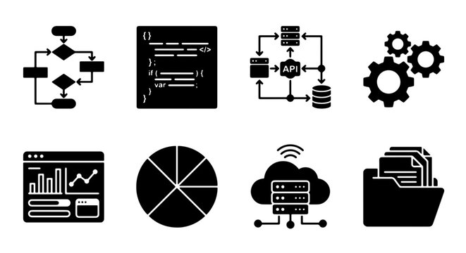 70 Data Science Icons Set, Technology and Analytics Symbols, Business Process Flowchart, Cloud Computing and Database Icons, Software Development and Charts 100