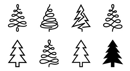 Obraz premium 70 Set of 8 Minimalist Christmas Tree Icons, Simple Line Art and Silhouette Vector Graphics for Holiday Design 100