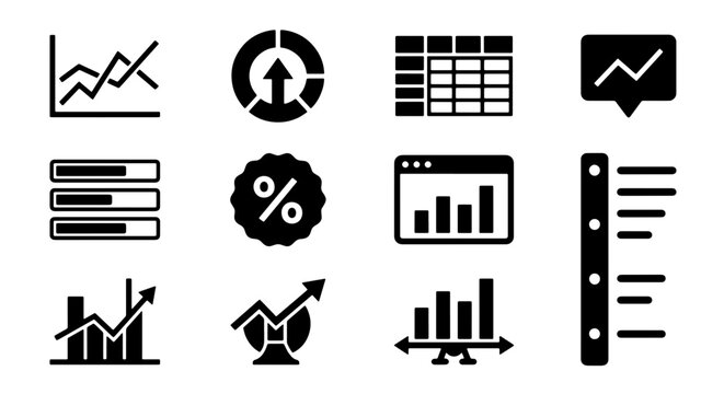 70 Business Analytics Icons Set, Data Visualization Symbols, Financial Growth Charts, Marketing Performance Metrics, Vector Graphics Collection 100