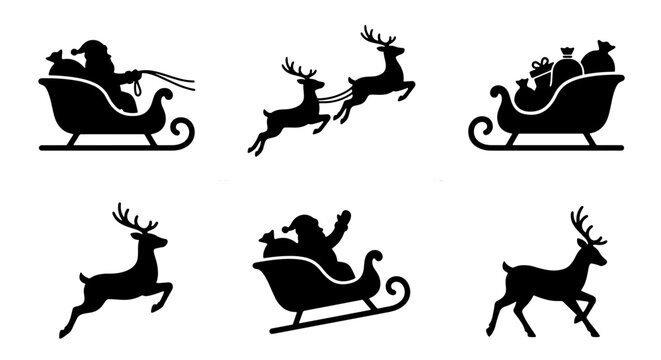 70 Christmas Santa Sleigh Silhouette Icons, Festive Reindeer Vector Set, Winter Holiday Celebration Graphics, Black and White Design Elements 100