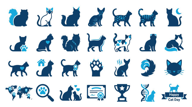 Cat silhouette collection features diverse feline poses and breed outlines designed as a comprehensive set of blue icons suitable for veterinary clinics or animal rescue organizational branding.