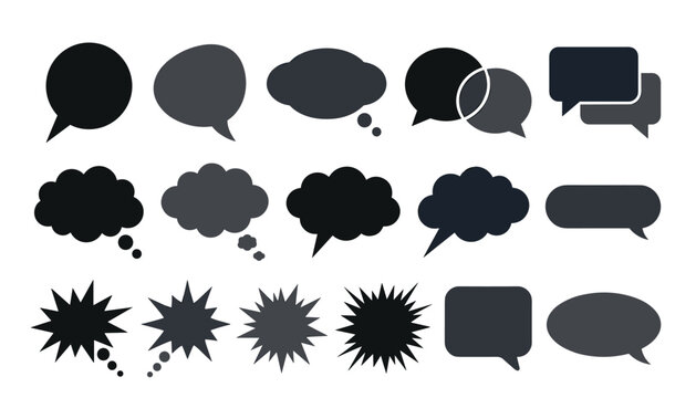Bubble transparent bubble vector set, dark grey speech chat cloud comic burst message rectangle oval dialogue silhouette collection element.