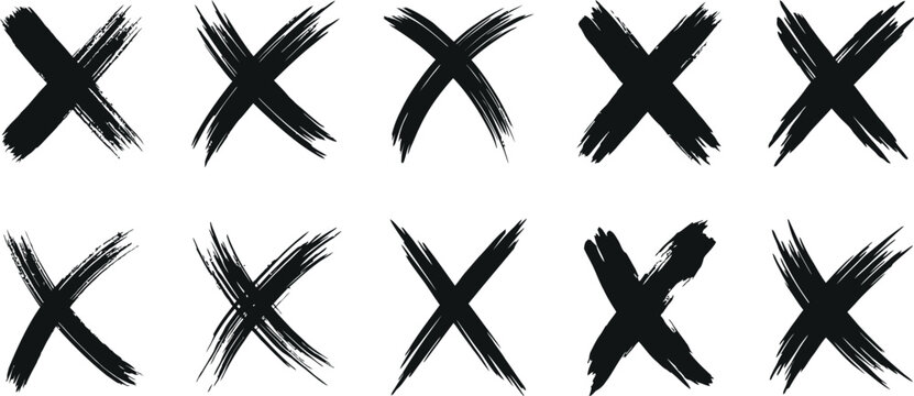 Collection of hand-drawn cross marks and x symbols in grungy ink style