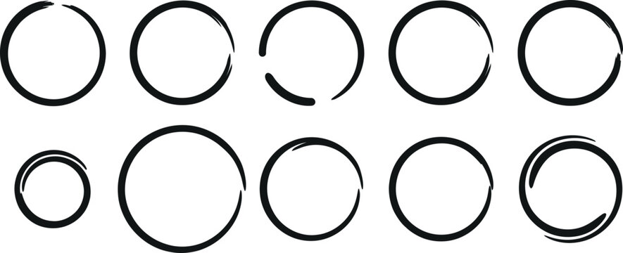 Set of ten circular hand-drawn ink brush strokes and black painted outlines