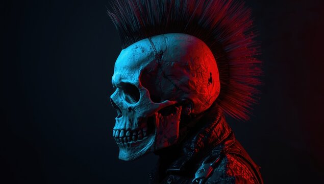 Punk Skull with Mohawk in Dramatic Blue and Red Lighting