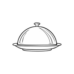 Fototapeta premium Single isolated food serving cloche with lid on a platter outline drawing