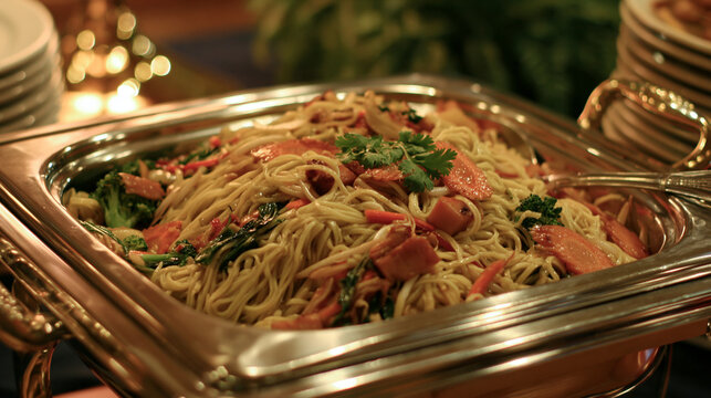 Delicious stir-fried noodles with vegetables and sausages served in a warm-lit buffet chafing dish. Perfect for catering and food service ads.