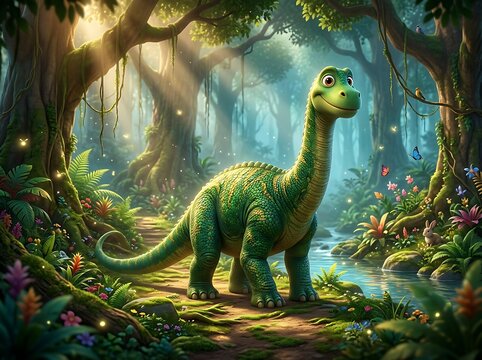 Cute Green Dinosaur in Enchanted Fantasy Forest