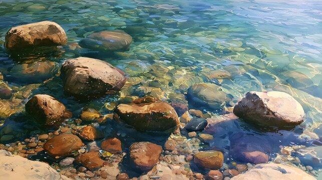 Transparent turquoise sea water with smooth rocks and stones underwater on a sunny day.