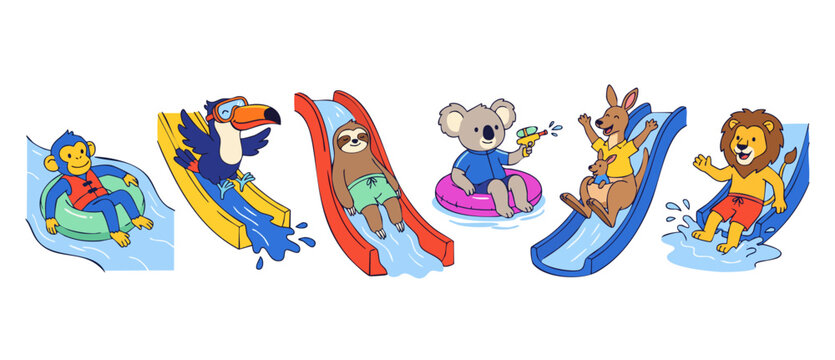 Cute cartoon animals water slide sliding and playing in waterpark set with monkey, sloth, koala, toucan, kangaroo and lion having fun summer vacation activities, isolated on white background vector.