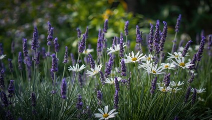 Obraz premium Lavender and daisies blooming in a garden setting