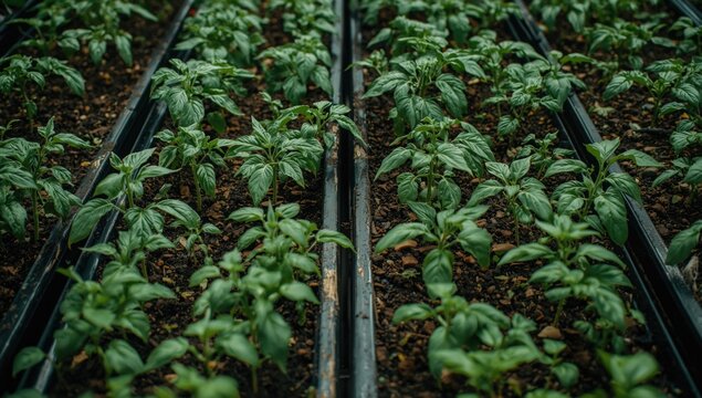 Greenhouse Rows of Young Pepper Plants Growing in Rich Soil