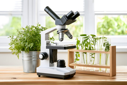 A modern microscope alongside test tubes containing plants on a shelf in the Biology classroom, in close-up