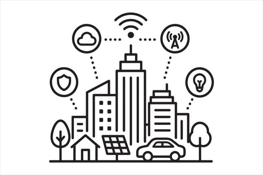 Smart city connectivity icon featuring buildings and wireless network services