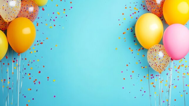 Stunning birthday celebration background with balloons and scattered paper confetti on blue stage.