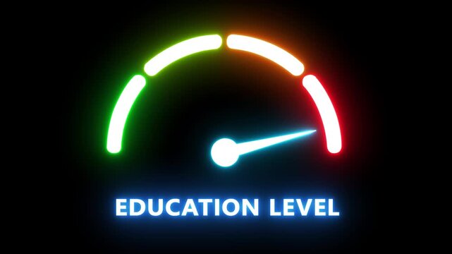 Education level gauge indicator with glowing neon progress meter for academic achievement and skill assessment