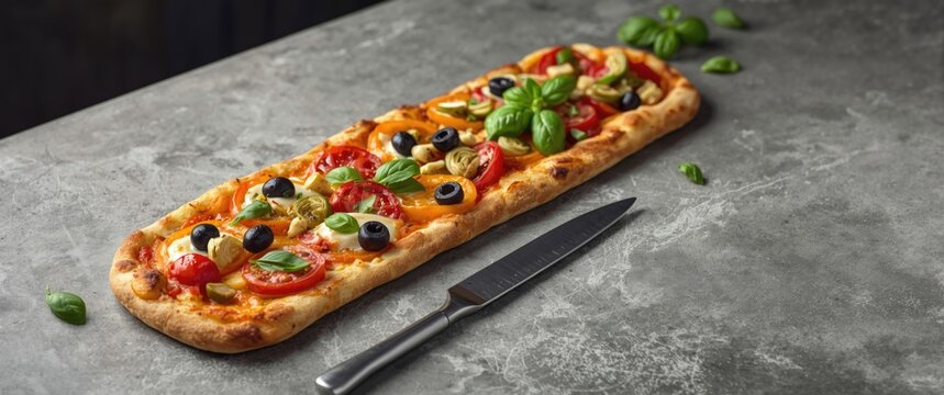 Freshly Baked Rectangular Pizza Topped with Vegetables and Basil on a Stone Surface