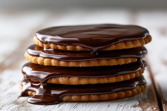 Stack of crunchy biscuits coated with rich melted dark chocolate on a rustic white wooden table