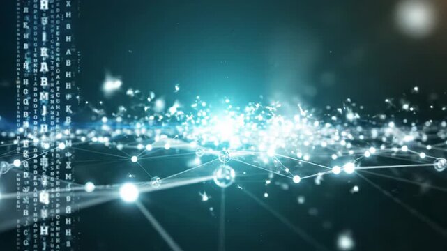 Abstract digital network of glowing nodes and lines with falling binary code representing data transmission and cybersecurity