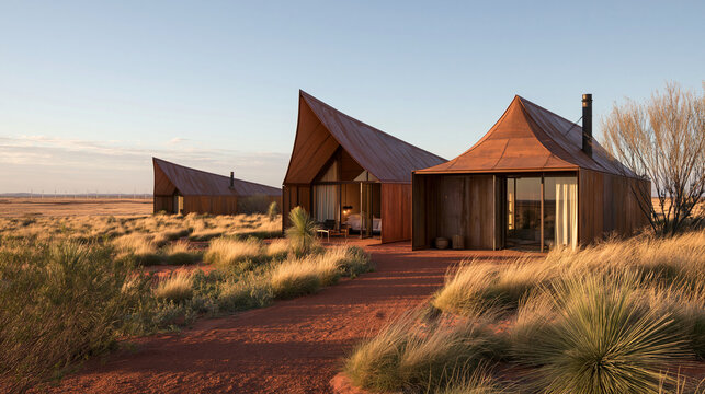 Modern desert cabins with unique architecture at sunset in a dry, grassy landscape. Eco-tourism concept for remote luxury travel.