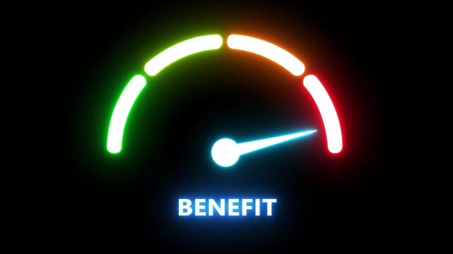Neon benefit gauge meter animation: business growth and performance indicator concept