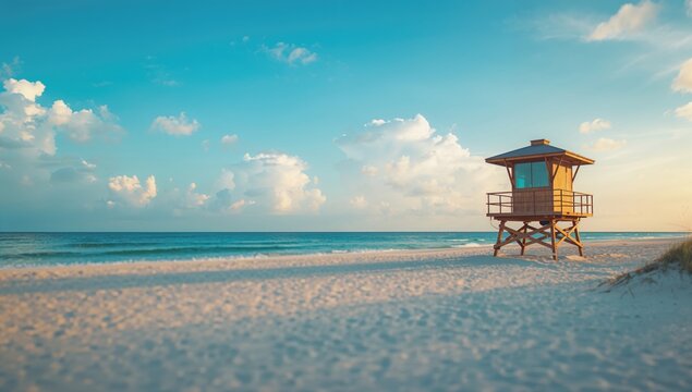 Lifeguard Tower on a Serene Beach Under a Clear Blue Sky
