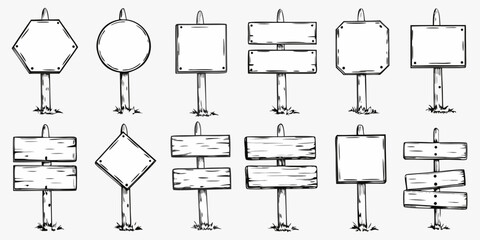 Hand drawn Wooden Signposts Collection Black And White Sketch © Arif