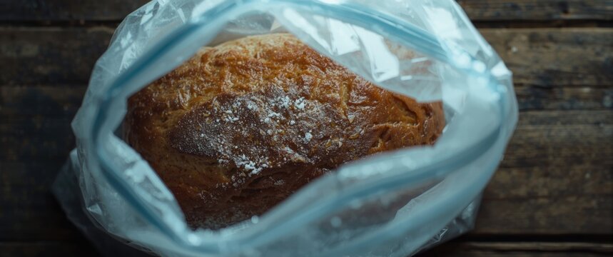 Freshly Baked Bread Wrapped in Plastic on a Wooden Surface