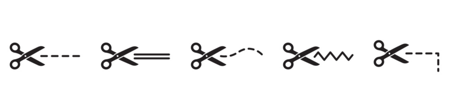 Scissors with cut lines icon set. Coupon cutting dash line symbol. Tailor scissor guide sign. Vector illustration. Vector Graphic. EPS 10